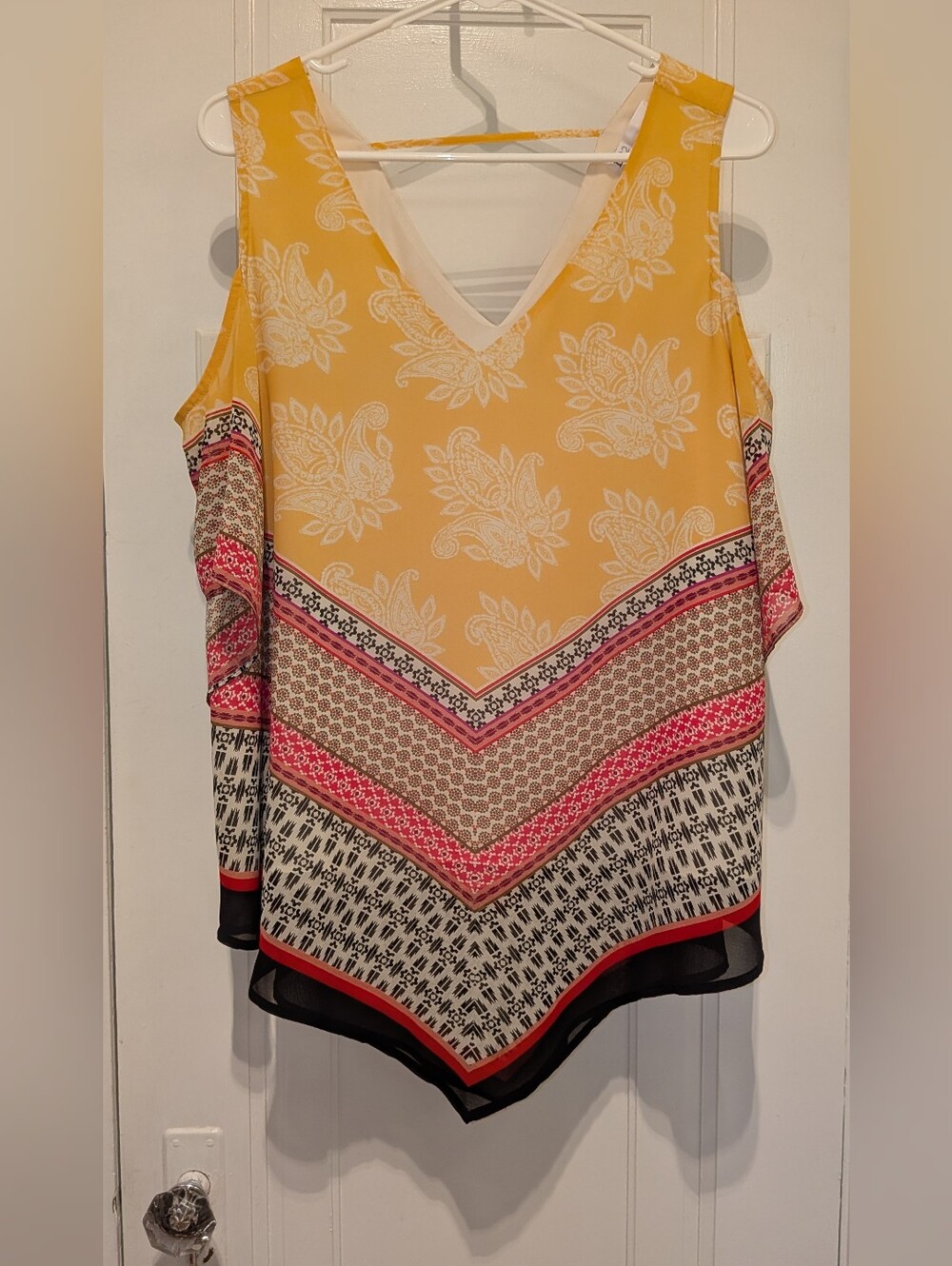 Brightly Patterned And Yellow Cold- Shoulder V-Neck Printed Sleeveless Top